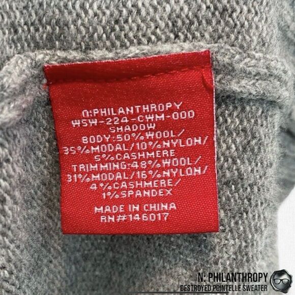 N:PHILANTHROPY DECONSTRUCTED POINTELLE CABLE KNIT SWEATER SHADOW WOOL CASHMERE - Picture 13 of 15